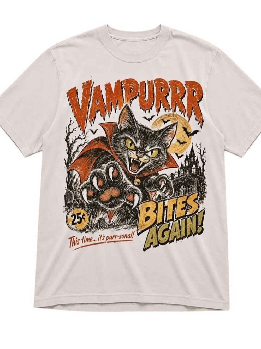 Vampurrr Bites Again Graphic T-Shirt Cat Short Sleeve Tee in White